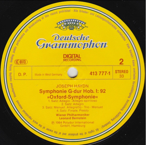 Joseph Haydn • Wiener Philharmoniker • Leonard Bernstein : Symphonien No. 92 «Oxford» No. 88 (LP)