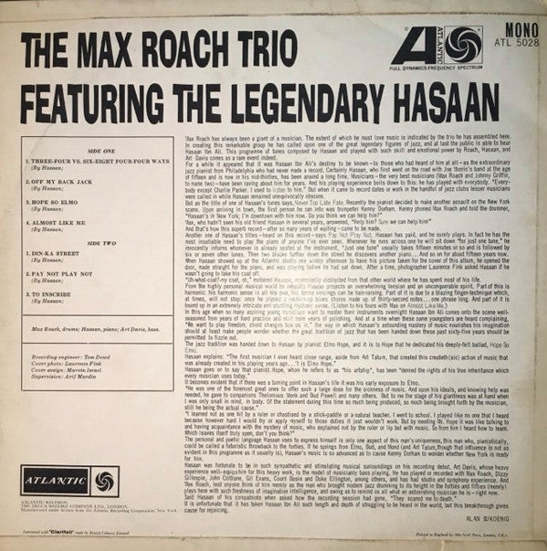 The Max Roach Trio Featuring Hasaan Ibn Ali : The Max Roach Trio Featuring The Legendary Hasaan (LP, Album, Mono)