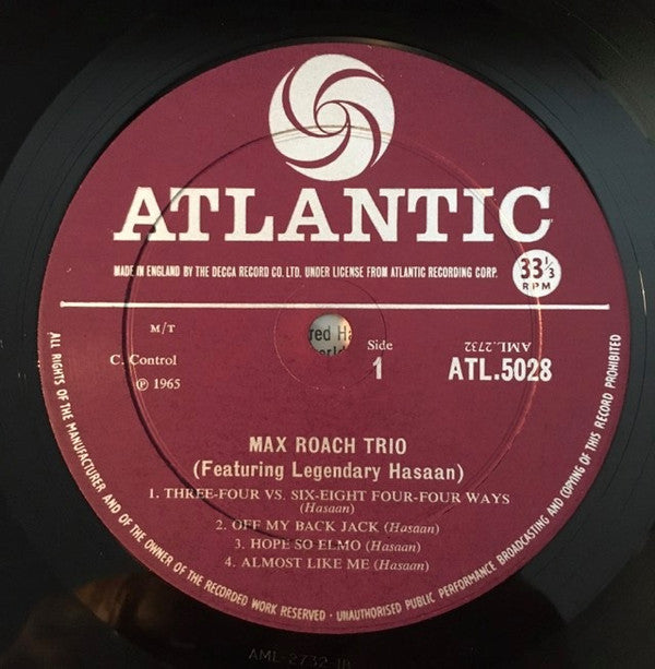 The Max Roach Trio Featuring Hasaan Ibn Ali : The Max Roach Trio Featuring The Legendary Hasaan (LP, Album, Mono)