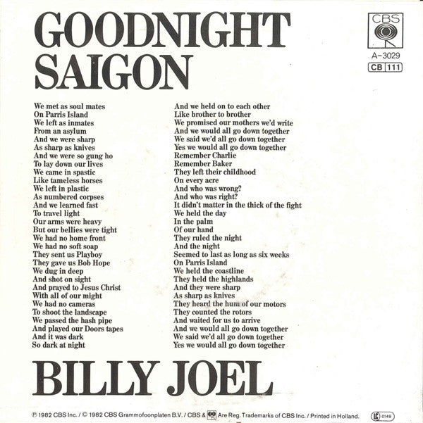 Billy Joel : Goodnight Saigon (7", Single)