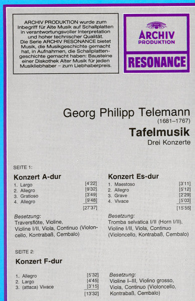 Georg Philipp Telemann, Schola Cantorum Basiliensis, August Wenzinger : Tafelmusik - Drei Konzerte (LP, Comp, RE)