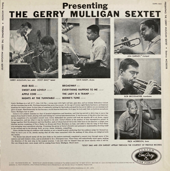The Gerry Mulligan Sextet* : Presenting The Gerry Mulligan Sextet (LP, Album, Mono, RE)