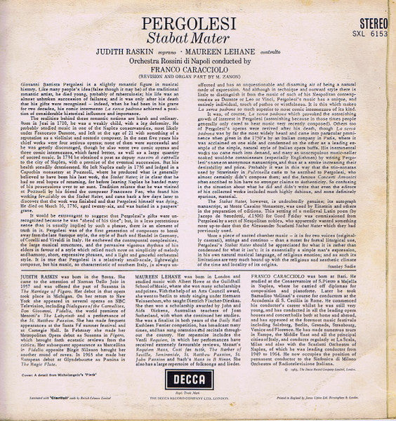 Judith Raskin, Maureen Lehane, Orchestra Rossini di Napoli, Franco Caracciolo, Giovanni Battista Pergolesi : Stabat Mater (LP)