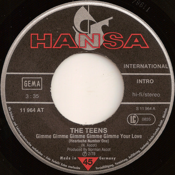 The Teens : Gimme Gimme Gimme Gimme Gimme Your Love / Rollerball (7", Single)