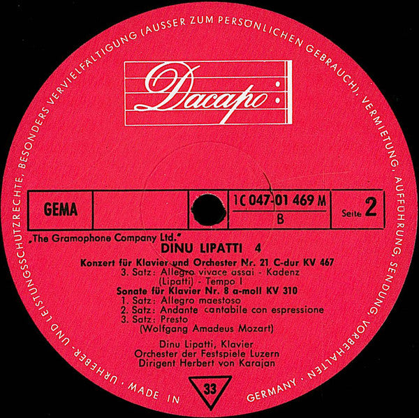 Wolfgang Amadeus Mozart - Dinu Lipatti : Dinu Lipatti 4 - Klavierkonzert Nr. 21 C-Dur / Sonate Nr. 8 A-Moll  (LP, Mono, RE)