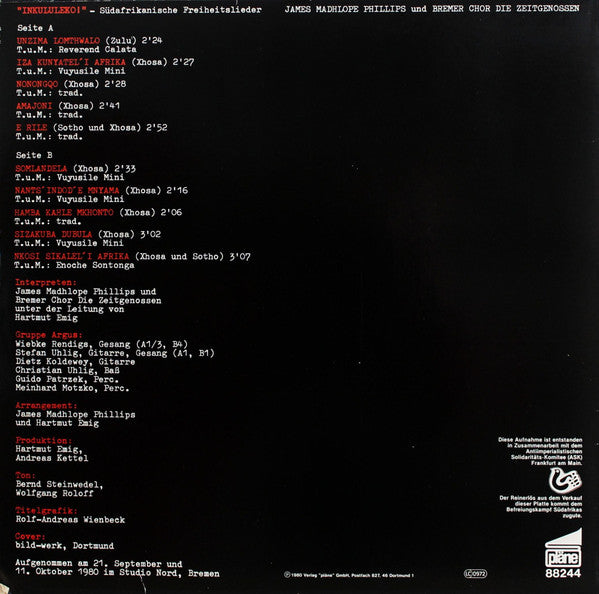 James Madhlope Phillips Und Bremer Chor Die Zeitgenossen : "Inkululeko!" - Südafrikanische Freiheitslieder (LP, Album)