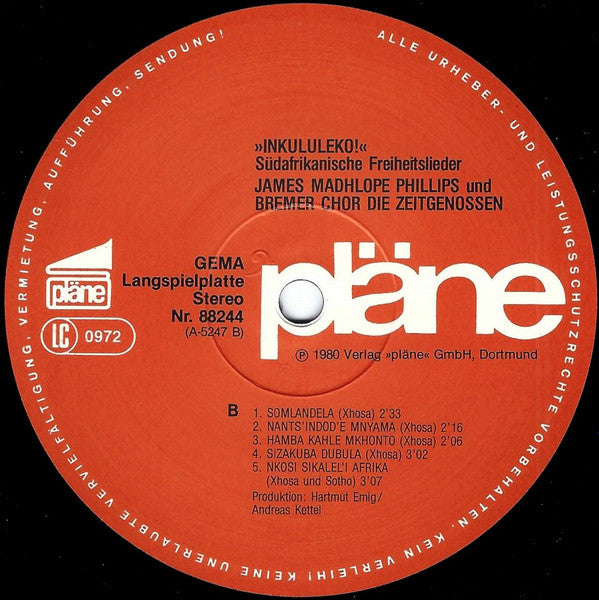 James Madhlope Phillips Und Bremer Chor Die Zeitgenossen : "Inkululeko!" - Südafrikanische Freiheitslieder (LP, Album)
