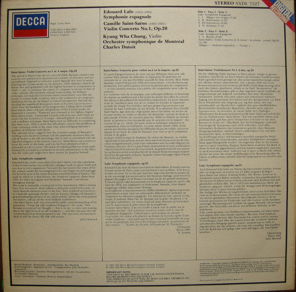 Édouard Lalo, Camille Saint-Saëns - Kyung-Wha Chung, Orchestre symphonique de Montréal, Charles Dutoit : Symphonie Espagnole - Violin Concerto No.1 (LP, Album, Dig)