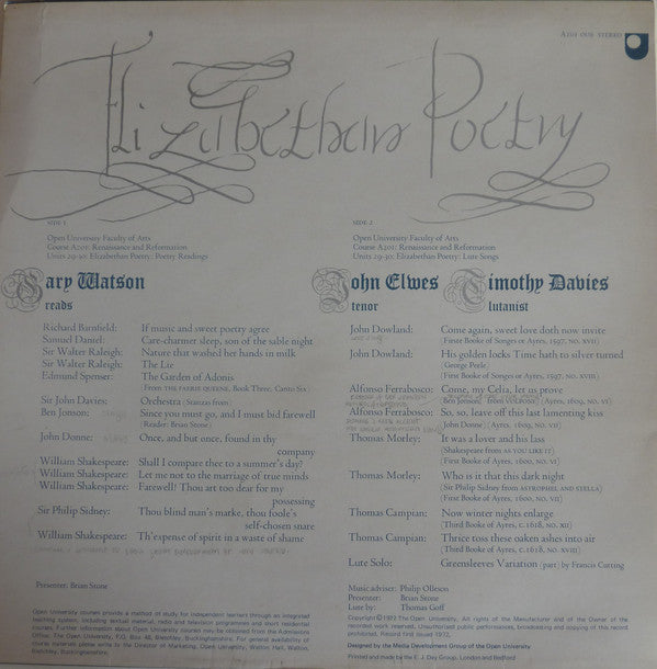 Various : Elizabethan Poetry And Lute Song (LP)