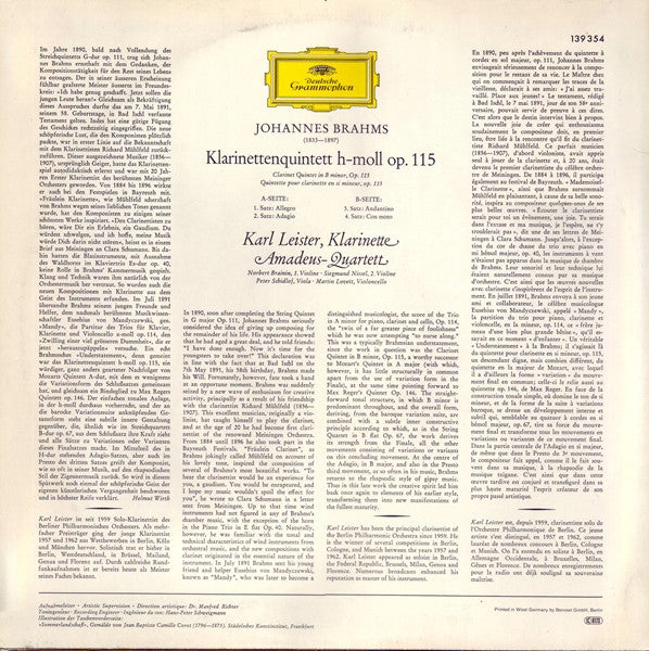 Johannes Brahms - Amadeus-Quartett • Karl Leister : Klarinettenquintett H-Moll (LP)