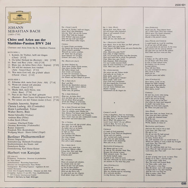 Johann Sebastian Bach / Wiener Singverein / Berliner Philharmoniker / Herbert Von Karajan : Chöre Und Arien Aus Der Matthäus-Passion (LP, Album)