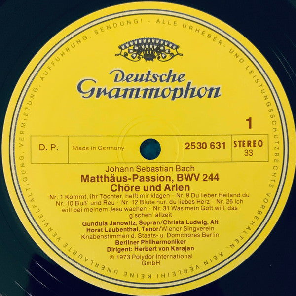 Johann Sebastian Bach / Wiener Singverein / Berliner Philharmoniker / Herbert Von Karajan : Chöre Und Arien Aus Der Matthäus-Passion (LP, Album)