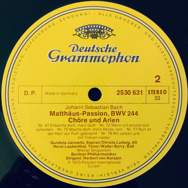 Johann Sebastian Bach / Wiener Singverein / Berliner Philharmoniker / Herbert Von Karajan : Chöre Und Arien Aus Der Matthäus-Passion (LP, Album)