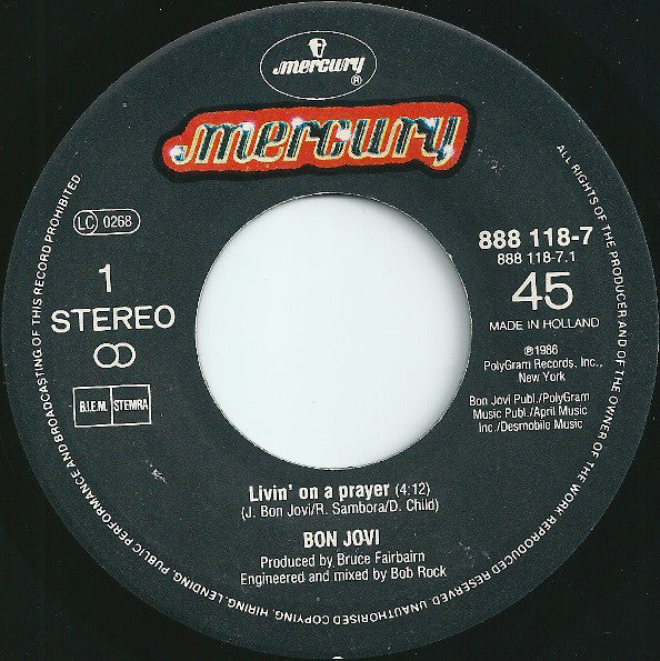 Bon Jovi : Livin' On A Prayer (7", Single)