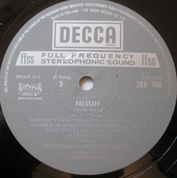 Giuseppe Verdi - Geraint Evans, Mirella Freni, Robert Merrill, Giulietta Simionato, Ilva Ligabue, Alfredo Kraus, Rosalind Elias, Georg Solti : Falstaff (3xLP, Album + Box)