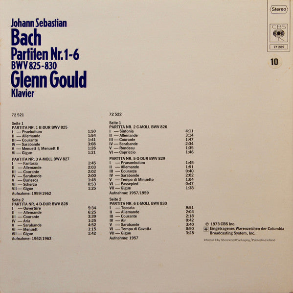Johann Sebastian Bach - Glenn Gould : Partiten Nr. 1-6 - BWV 825-830 (2xLP, Comp, Gat)