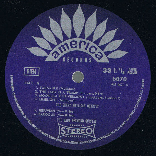 Gerry Mulligan Quartet / The Paul Desmond Quintet : Gerry Mulligan Featuring Chet Baker, Chico Hamilton Also Paul Desmond, Barney Kessel, David Van Kriedt (LP, Comp)