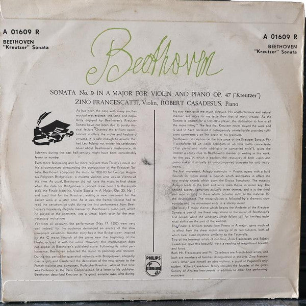 Ludwig Van Beethoven, Zino Francescatti, Robert Casadesus : Sonate A-Dur Op. 47 Für Violine Und Klavier "Kreutzersonate" (10")