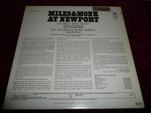 The Miles Davis Sextet / The Thelonious Monk Quartet : Miles & Monk At Newport (LP, Album, RE)