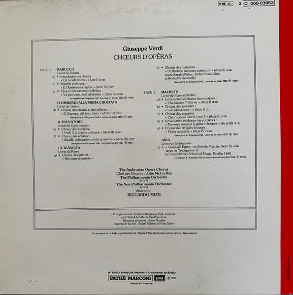 Riccardo Muti, Verdi* - Ambrosian Opera Chorus*, Chorus Of The Royal Opera House*, Philharmonia Orchestra, New Philharmonia Orchestra : Choeurs D'opéras (LP)