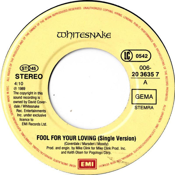 Whitesnake : Fool For Your Loving (7", Single)