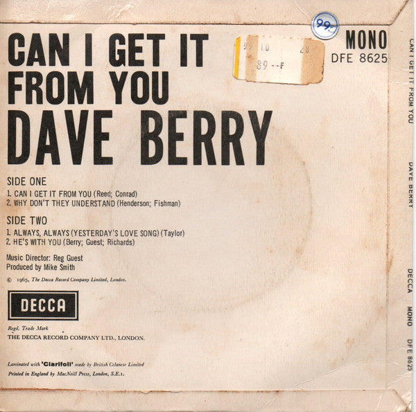 Dave Berry : Can I Get It From You  (7", EP)