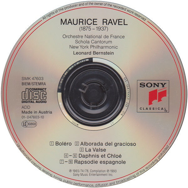 Leonard Bernstein - Maurice Ravel - Orchestre National de France - New York Philharmonic : Boléro • Alborada Del Gracioso • Daphnis Et Chloé: Suite No. 2 • La Valse • Rapsodie Espagnole (CD, Album, Comp, RM)