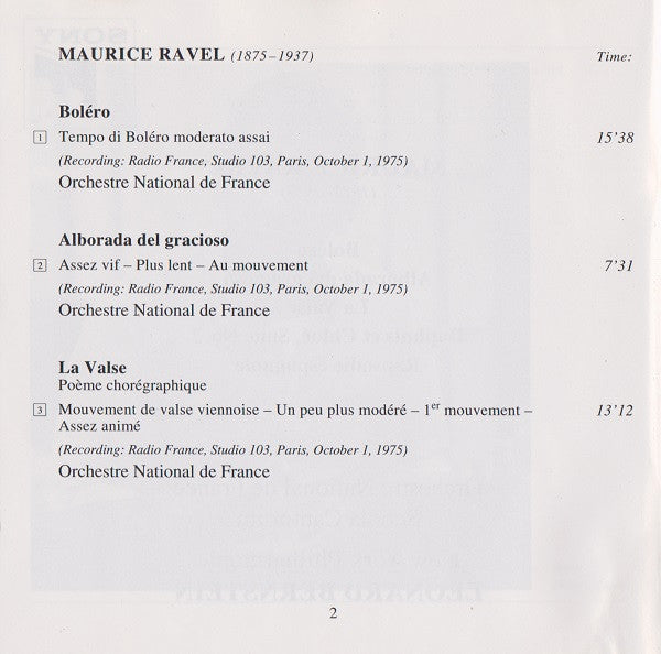 Leonard Bernstein - Maurice Ravel - Orchestre National de France - New York Philharmonic : Boléro • Alborada Del Gracioso • Daphnis Et Chloé: Suite No. 2 • La Valse • Rapsodie Espagnole (CD, Album, Comp, RM)