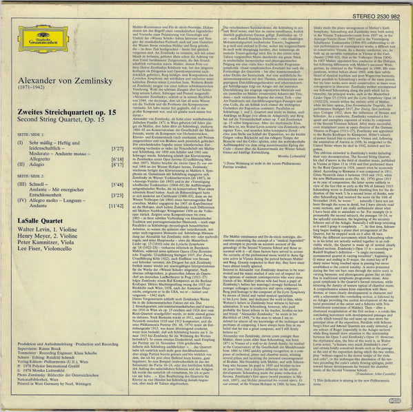 Alexander von Zemlinsky, Lasalle Quartet : Streichquartett = String Quartet No. 2, Op. 15 (LP)