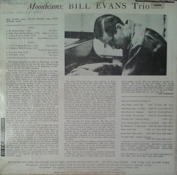 The Bill Evans Trio : Moon Beams (LP, Album, Mono)