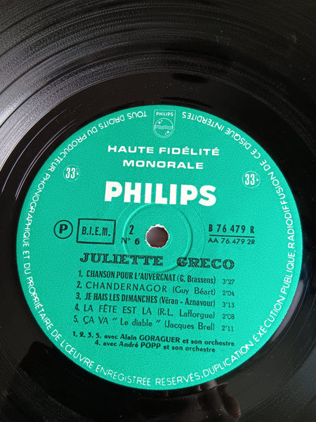 Juliette Greco* : N°6 - 10 Ans De Chansons (10", Album, Mono)