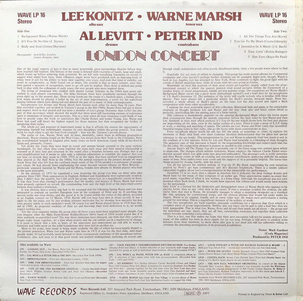 Lee Konitz • Warne Marsh • Al Levitt • Peter Ind : London Concert (LP, Album)