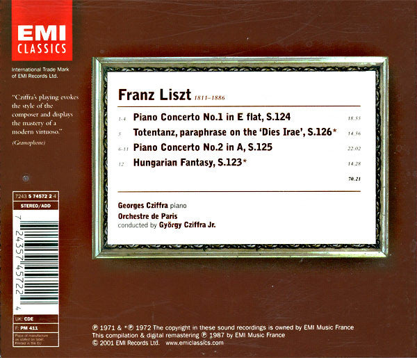 Franz Liszt, Gyorgy Cziffra, György Cziffra, Jr., Orchestre De Paris : Piano Concertos - Totentanz - Hungarian Fantasy (CD, Comp)