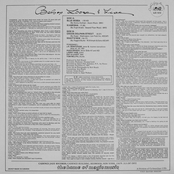 J.R. Monterose / Hugh Brodie : Bebop Loose & Live (LP)