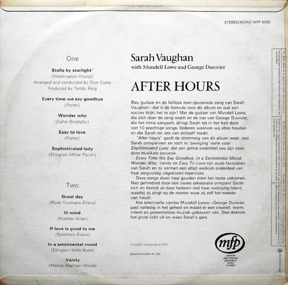 Sarah Vaughan With Mundell Lowe And George Duvivier : After Hours (LP, Album, RE)