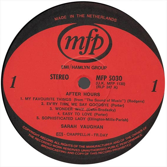 Sarah Vaughan With Mundell Lowe And George Duvivier : After Hours (LP, Album, RE)