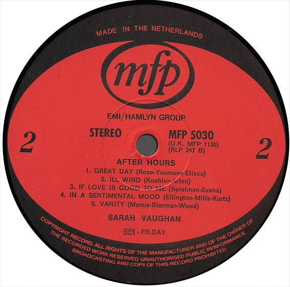 Sarah Vaughan With Mundell Lowe And George Duvivier : After Hours (LP, Album, RE)