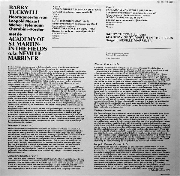 Barry Tuckwell - Leopold Mozart / Carl Maria Von Weber / Georg Philipp Telemann / Luigi Cherubini / Christoph Förster - The Academy Of St. Martin-in-the-Fields O.l.v. Sir Neville Marriner : Hoornconcerten van Leopold Mozart - Weber - Telemann - Cherubini - Förster (LP, Album)