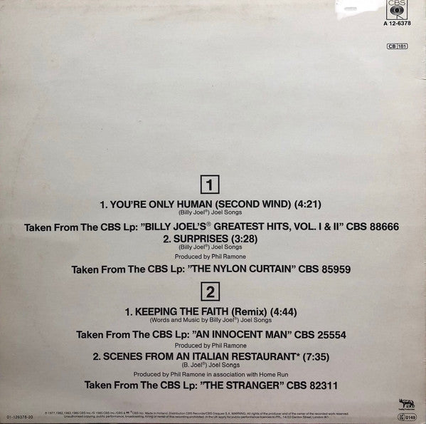 Billy Joel : You're Only Human (Second Wind) (12", Maxi, Plu)