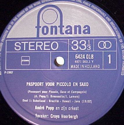 André Popp Et Son Orchestre : Paspoort Voor Piccolo En Saxo (LP, RE)
