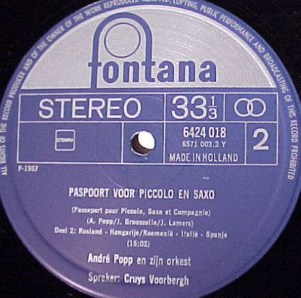 André Popp Et Son Orchestre : Paspoort Voor Piccolo En Saxo (LP, RE)