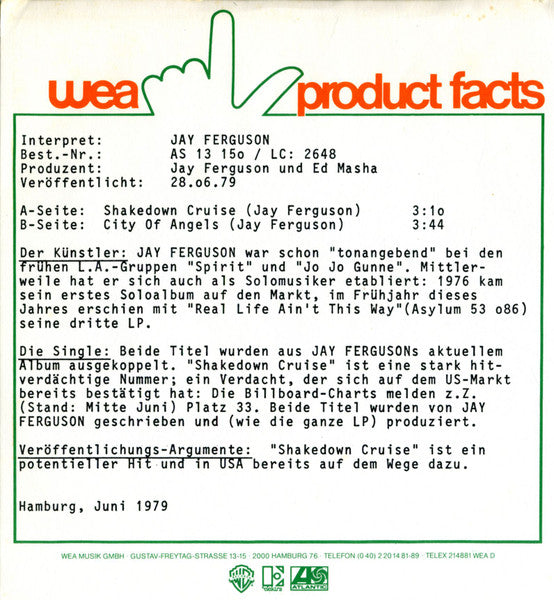 Jay Ferguson : Shakedown Cruise (7", Single)