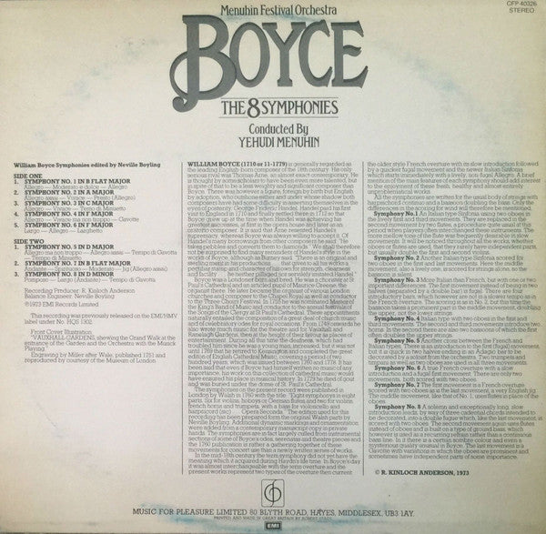 William Boyce / Menuhin Festival Orchestra Conducted By Yehudi Menuhin : The 8 Symphonies (LP, RE)