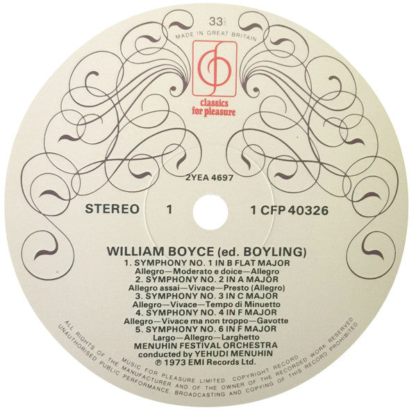 William Boyce / Menuhin Festival Orchestra Conducted By Yehudi Menuhin : The 8 Symphonies (LP, RE)