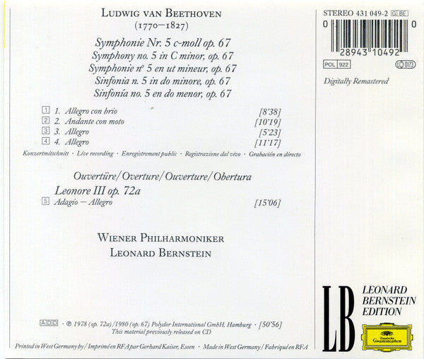 Ludwig van Beethoven · Wiener Philharmoniker / Leonard Bernstein : Symphonie Nr. 5 / Ouvertüre »Leonore III« (CD, Ltd, RE)