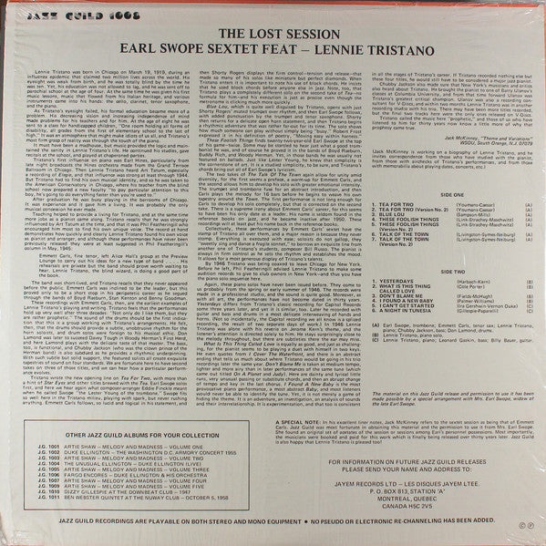 Earl Swope Sextet Featuring: Lennie Tristano : The Lost Session (LP, Album)