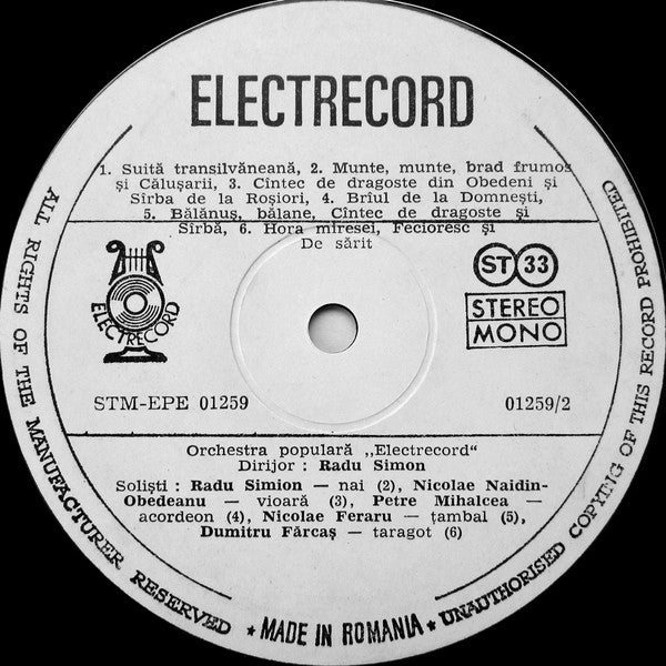 Orchestra De Muzică Populară Electrecord , Dirijor: Radu Simion : Orchestra De Muzica Populară "Electrecord" (LP, Album, Whi)