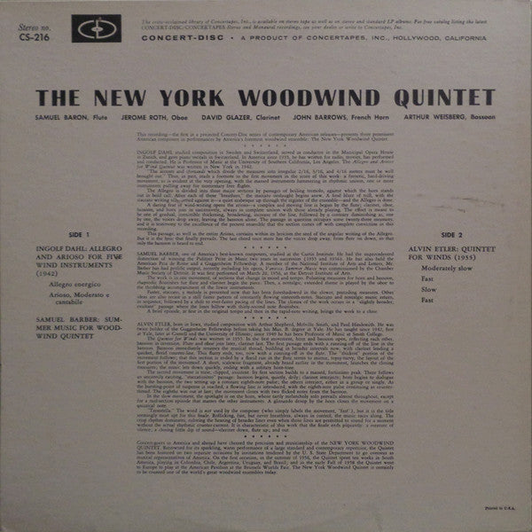 Ingolf Dahl, Samuel Barber, Alvin Etler - New York Woodwind Quintet : Allegro And Arioso For Five Wind Instruments / Summer Music For Woodwind Quintet / Quintet For Winds (LP)