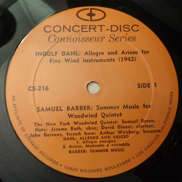 Ingolf Dahl, Samuel Barber, Alvin Etler - New York Woodwind Quintet : Allegro And Arioso For Five Wind Instruments / Summer Music For Woodwind Quintet / Quintet For Winds (LP)