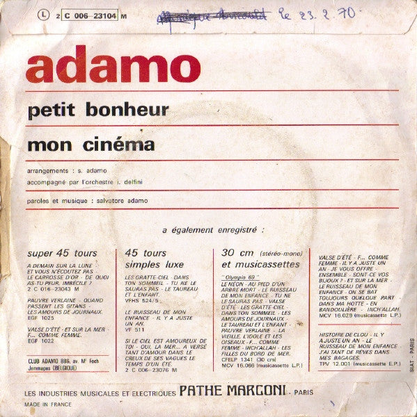 Adamo : Petit Bonheur / Mon Cinéma (7")